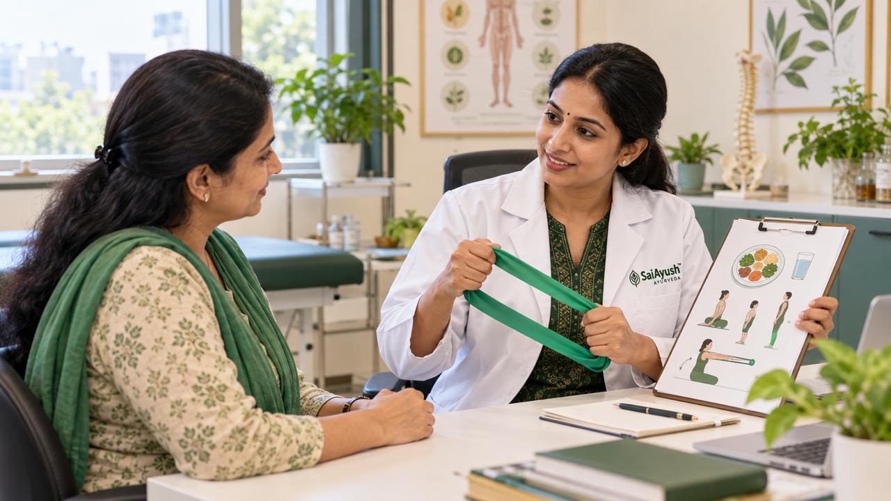 Naturopathy clinician discussing a supportive diet and lifestyle plan with a patient at Sai Ayush in Hyderabad